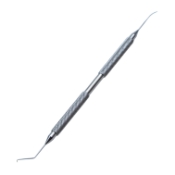 Koch Spatula / Nagahara Chopper, Double Ended, One End Koch Spatula, 0.8mm Wide, Gently Curved, Duckbill-Shaped Tip, Other End Nagahara Chopper, 1mm, 60 Degrees Cutting Edge, Angled 10mm Bend to Tip, Round Knurled Stainless Steel Handle, Overall Length 5" (126mm) AE-2520